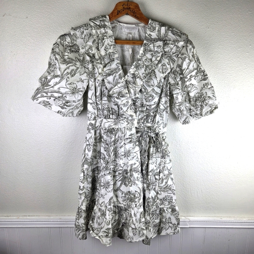 Caroline Constas NWT Ivory Green Floral Ruffle Print Women's Wrap Dress 02/XS
